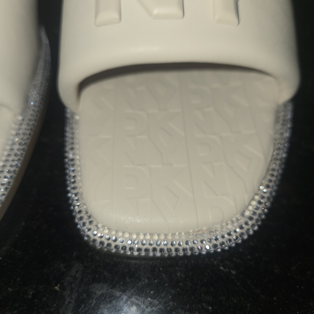 DKNY White Slide Sandals with Embossed Logo and Rhinestone Trim - Picture 3 of 4